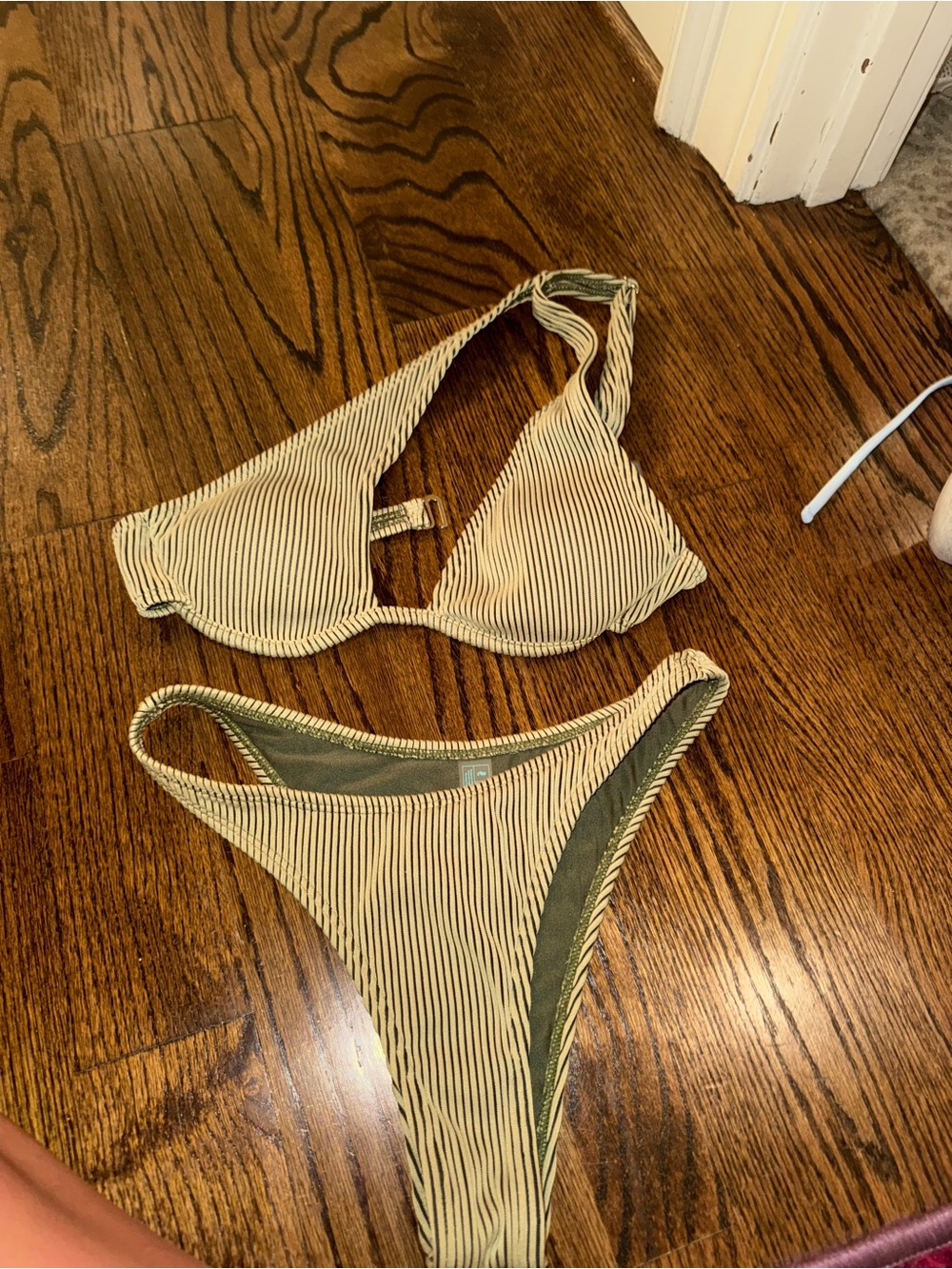 Women’s Striped Triangle Bikini Set in Beige and Olive